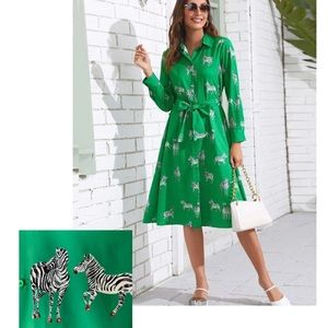 Green Belted Shirt Dress with Zebras - Large
